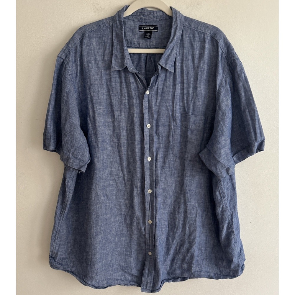 Lands' End 100% Linen Short‎ Sleeve Button Up Shirt Blue Men's Size XXL